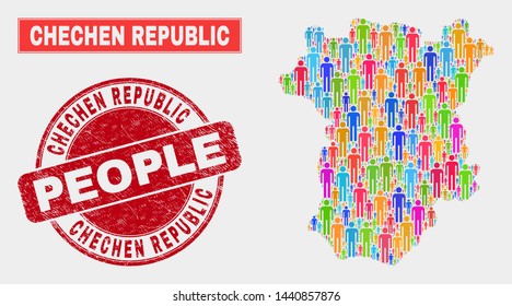 Demographic Chechen Republic map abstraction. People color mosaic Chechen Republic map of men, and red rounded textured stamp. Vector collage for population mass report.