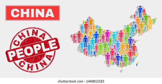 Demographic China Map Abstraction. People Bright Mosaic China Map Of Men, And Red Rounded Unclean Watermark. Vector Combination For Nation Community Plan.