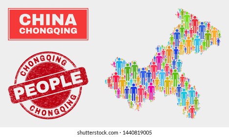 Demographic Chongqing City map illustration. People color mosaic Chongqing City map of men, and red round scratched stamp. Vector composition for nation community representation.
