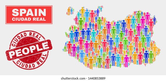 Demographic Ciudad Real Province map abstraction. People bright mosaic Ciudad Real Province map of guys, and red round grunge watermark. Vector combination for population public plan.