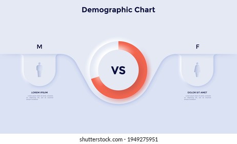 Demographic Comparison Chart With Male And Female Figures. Concept Of Gender Proportion. Neumorphic Infographic Design Template. Modern Vector Illustration For Presentation For Population Analysis.