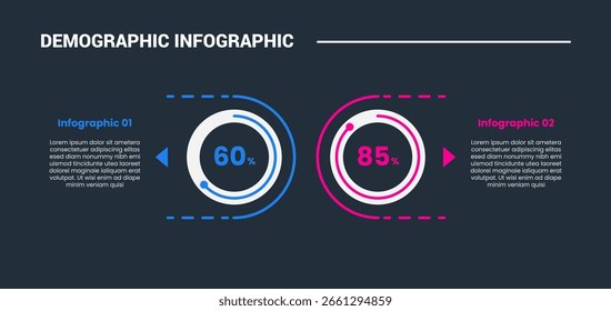 Demographic concept infographic process diagram with big circle and dotted half circle line with dark background bright outline style vector