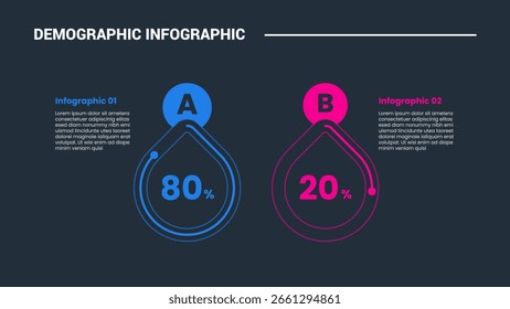 Demografisches Konzept infographisches Prozessdiagramm mit Wassertropfen Flüssigkeit mit Kreis-Badge-Top mit dunklem Hintergrund hellen Umriss Stil Vektor