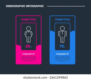 Demographic concept infographic process diagram with vertical round box with percentage fill with dark background bright outline style vector