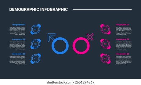 Diagrama de proceso de infografía de concepto demográfico con ícono de contorno con lista de descripción apilada a izquierda y derecha con Vector de estilo de contorno brillante de fondo oscuro