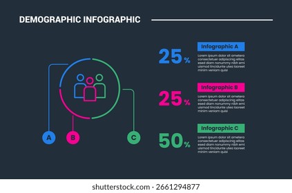 Demographic concept infographic process diagram with piechart circle outline with long line pointer with dark background bright outline style vector