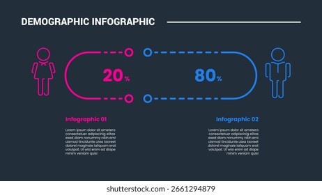 Demografisches Konzept Infografik-Prozessdiagramm mit kreativen runden Rechteck gepunktete Linie offenen Kasten mit dunklem Hintergrund hellen Umriss Stil Vektor