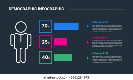 Diagrama de proceso de infografía de concepto demográfico con, cuadrado y rectángulo barra apilada lista porcentual con fondo oscuro Vector de estilo de contorno brillante