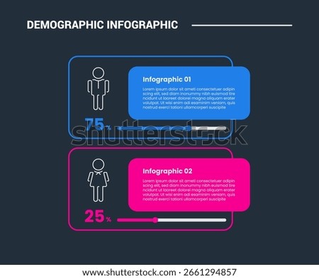 Demographic concept infographic process diagram with rectangle round box stacked with percentage with dark background bright outline style vector