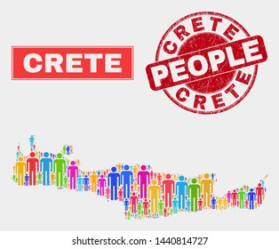 Demographic Crete map abstraction. People bright mosaic Crete map of men, and red round textured stamp seal. Vector composition for population public presentation. svg