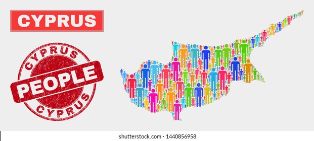 Demographic Cyprus map abstraction. People color mosaic Cyprus map of guys, and red rounded corroded stamp. Vector composition for population audience presentation.