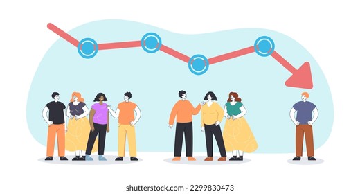 Demographic decline arrow above young people vector illustration. Men and women standing and talking, fertility and birth reduction in Europe. Demographic crisis, fertility, population concept