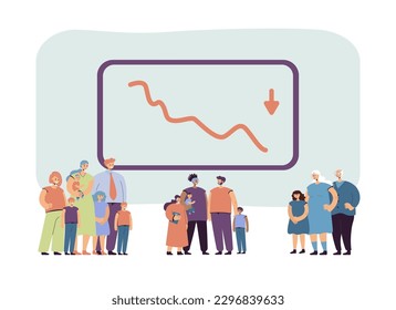 Demographic decline chart vector illustration. Extended families with many children and nuclear families from different times on white background. Demographic shift, population concept