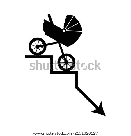 Demographic decline icon. Vector illustration of baby carriage going down the stairs. Fertility decline curve. Population collapse symbol isolated on white background. Birth problem. Population ageing