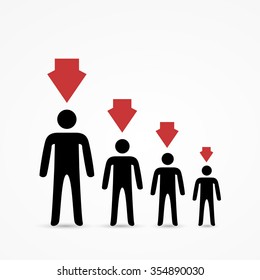 Demographic decline. Stick figures with red arrows