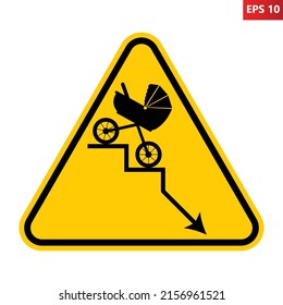 Demographic decline warning sign. Vector illustration of yellow triangle sign with baby carriage going down the stairs. Fertility decline curve. Population collapse. Birth problem. Population ageing.