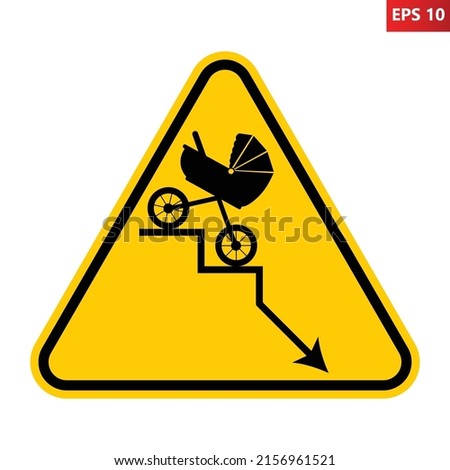 Demographic decline warning sign. Vector illustration of yellow triangle sign with baby carriage going down the stairs. Fertility decline curve. Population collapse. Birth problem. Population ageing.