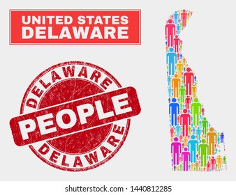 Demographic Delaware State map abstraction. People colorful mosaic Delaware State map of crowd, and red round grunge stamp seal. Vector composition for nation community presentation.