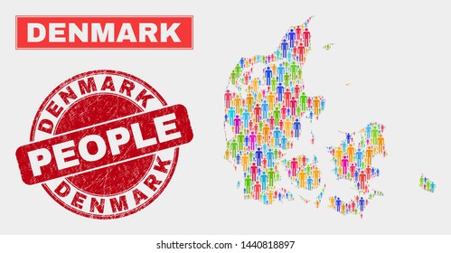 Demographic Denmark map abstraction. People colorful mosaic Denmark map of humans, and red round corroded stamp. Vector composition for population mass plan.