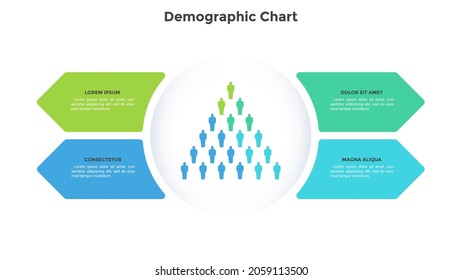 Diagrama demográfico con 4 elementos tipo flecha. Concepto de cuatro etapas del desarrollo de la sociedad. Plantilla moderna de diseño de infografía plana. Ilustración vectorial simple para el análisis estadístico de la población.