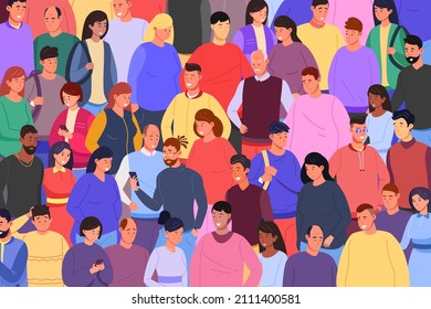 Demographic diversity. Crowd diverse business people, society students, hipsters crowded social group, old young man women together, vector illustration. Diversity crowd and community people together