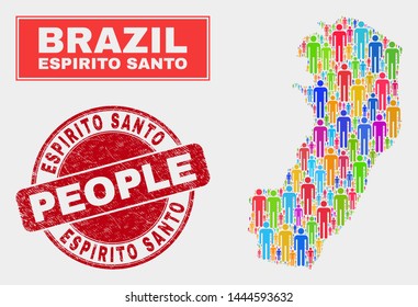 Demographic Espirito Santo State map abstraction. People color mosaic Espirito Santo State map of crowd, and red round corroded stamp seal. Vector collage for nation group representation.