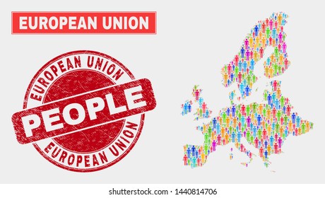 Demographic European Union Map Illustration. People Colorful Mosaic European Union Map Of Guys, And Red Rounded Textured Stamp Seal. Vector Composition For Nation Mass Representation.