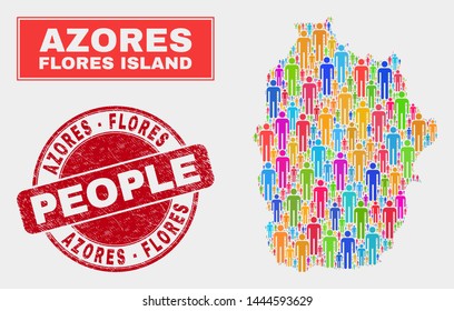 Demographic Flores Island of Azores map illustration. People color mosaic Flores Island of Azores map of persons, and red rounded grunge stamp. Vector combination for population mass report.