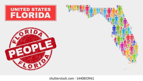 Demographic Florida State map abstraction. People bright mosaic Florida State map of persons, and red round unclean stamp seal. Vector collage for national mass presentation.