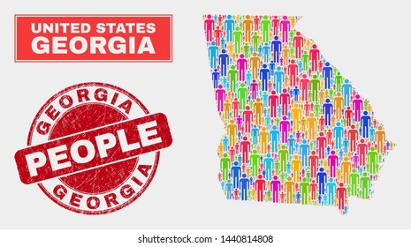 Demographic Georgia State map illustration. People colorful mosaic Georgia State map of humans, and red round grunge stamp seal. Vector combination for nation mass representation.