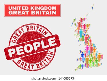 Demographic Great Britain map illustration. People bright mosaic Great Britain map of humans, and red round dirty stamp. Vector composition for population audience plan.