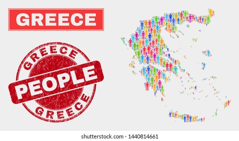 Demographic Greece map abstraction. People bright mosaic Greece map of crowd, and red rounded corroded stamp. Vector composition for population public representation.