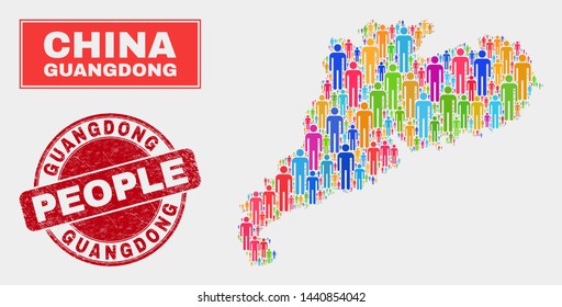 Demographic Guangdong Province map illustration. People color mosaic Guangdong Province map of humans, and red rounded grunge stamp seal. Vector composition for national public report.
