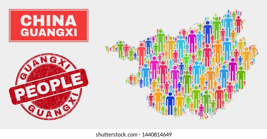 Demographic Guangxi Province map abstraction. People bright mosaic Guangxi Province map of guys, and red rounded corroded watermark. Vector collage for nation community representation.