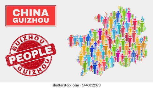 Demographic Guizhou Province map abstraction. People bright mosaic Guizhou Province map of humans, and red round grunge seal. Vector composition for nation group report.