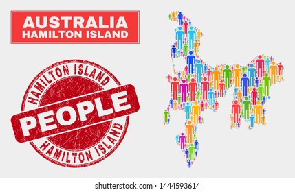 Demographic Hamilton Island Map Abstraction. People Color Mosaic Hamilton Island Map Of Crowd, And Red Rounded Dirty Stamp. Vector Collage For National Mass Plan.