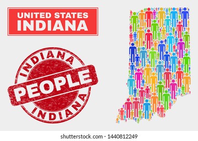 Demographic Indiana State map abstraction. People color mosaic Indiana State map of persons, and red round unclean seal. Vector collage for population public plan.