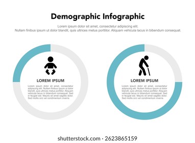 Modelo de infográfico demográfico mostrando a distribuição etária e a proporção populacional, com ícones para bebês e idosos. Adequado para visualização de dados da população e da sociedade em envelhecimento.