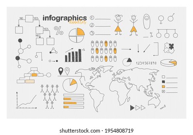 Demographic infographics and social statistics. Doodle style icons set. Hand drawn world map, percentages, graphs, charts, etc.