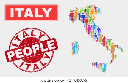 Demographic Italy map abstraction. People color mosaic Italy map of humans, and red rounded corroded stamp. Vector composition for national public report.