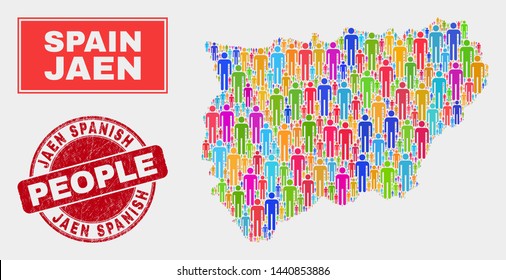 Demographic Jaen Spanish Province map illustration. People color mosaic Jaen Spanish Province map of men, and red round rubber stamp. Vector collage for population public representation.