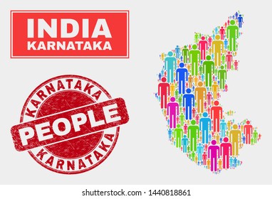 Demographic Karnataka State map illustration. People bright mosaic Karnataka State map of men, and red round grunge seal. Vector combination for population public presentation.