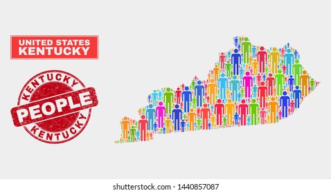 Demographic Kentucky State map abstraction. People colorful mosaic Kentucky State map of crowd, and red round unclean stamp. Vector combination for population public presentation.