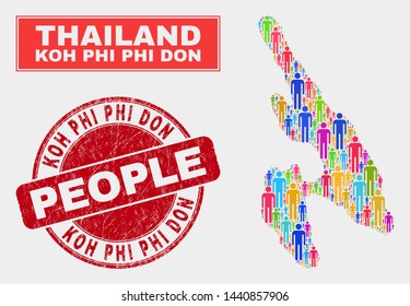 Demographic Koh Phi Don map abstraction. People bright mosaic Koh Phi Don map of humans, and red round dirty watermark. Vector collage for population community presentation.