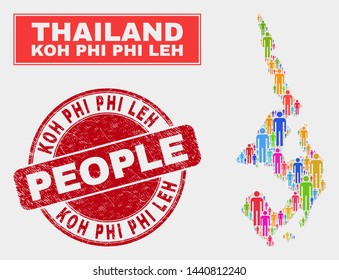 Demographic Koh Phi Leh map illustration. People bright mosaic Koh Phi Leh map of persons, and red round scratched seal. Vector collage for nation audience report.