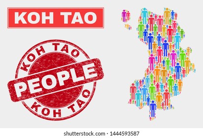 Demographic Koh Tao map abstraction. People bright mosaic Koh Tao map of guys, and red round dirty seal. Vector composition for nation group plan.