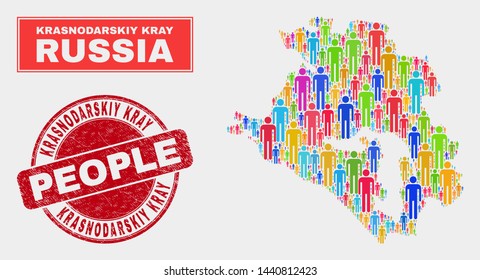 Demographic Krasnodarskiy Kray map abstraction. People colorful mosaic Krasnodarskiy Kray map of persons, and red rounded dirty watermark. Vector combination for population audience plan.