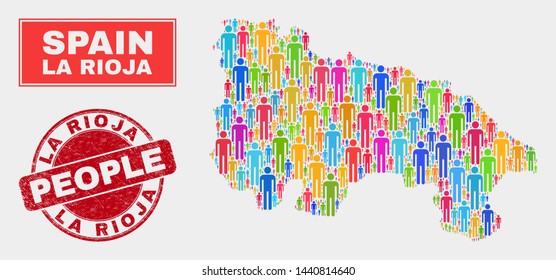 Demographic La Rioja of Spain map abstraction. People bright mosaic La Rioja of Spain map of men, and red rounded rubber seal. Vector composition for nation group report.