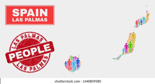 Demographic Las Palmas Province map abstraction. People color mosaic Las Palmas Province map of men, and red round grunge watermark. Vector composition for population group report.