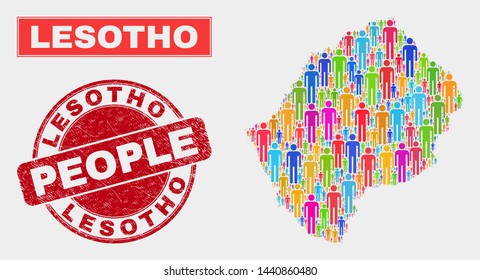 Demographic Lesotho map abstraction. People colorful mosaic Lesotho map of guys, and red rounded textured watermark. Vector composition for nation public plan.